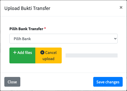 Jendela unggah bukti transfer
