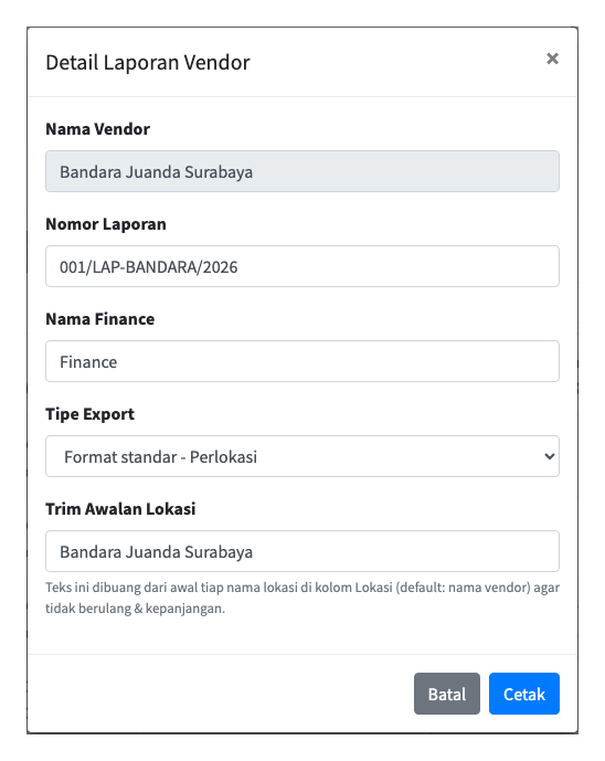 Pengaturan Format standar Perlokasi untuk vendor Bandara