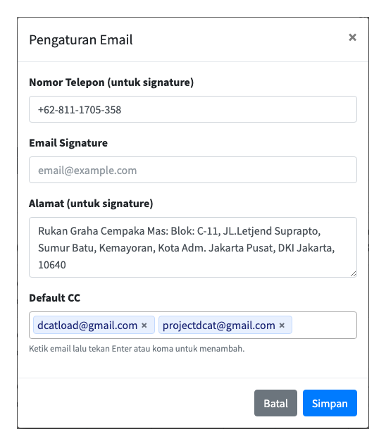 Jendela Pengaturan Email